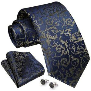 New 𝅺TIE and Pocket Square Cufflinks Set Navy Gold